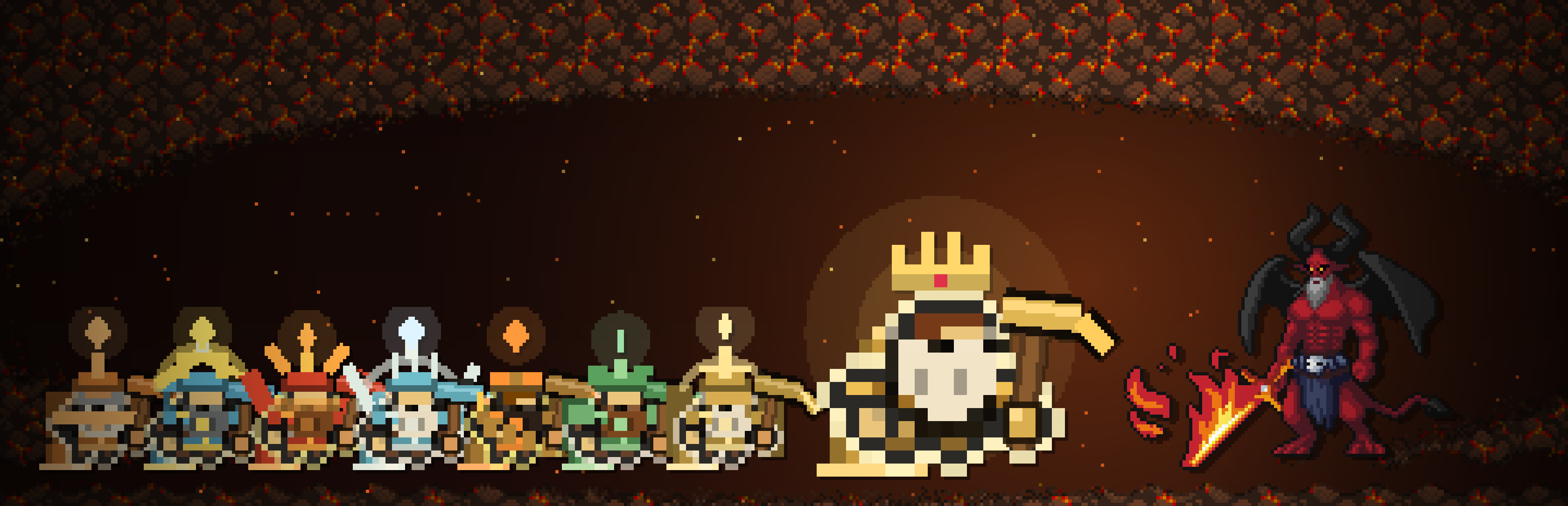 Nine dwarves lined up in a cave, facing the Cinder Tyrant